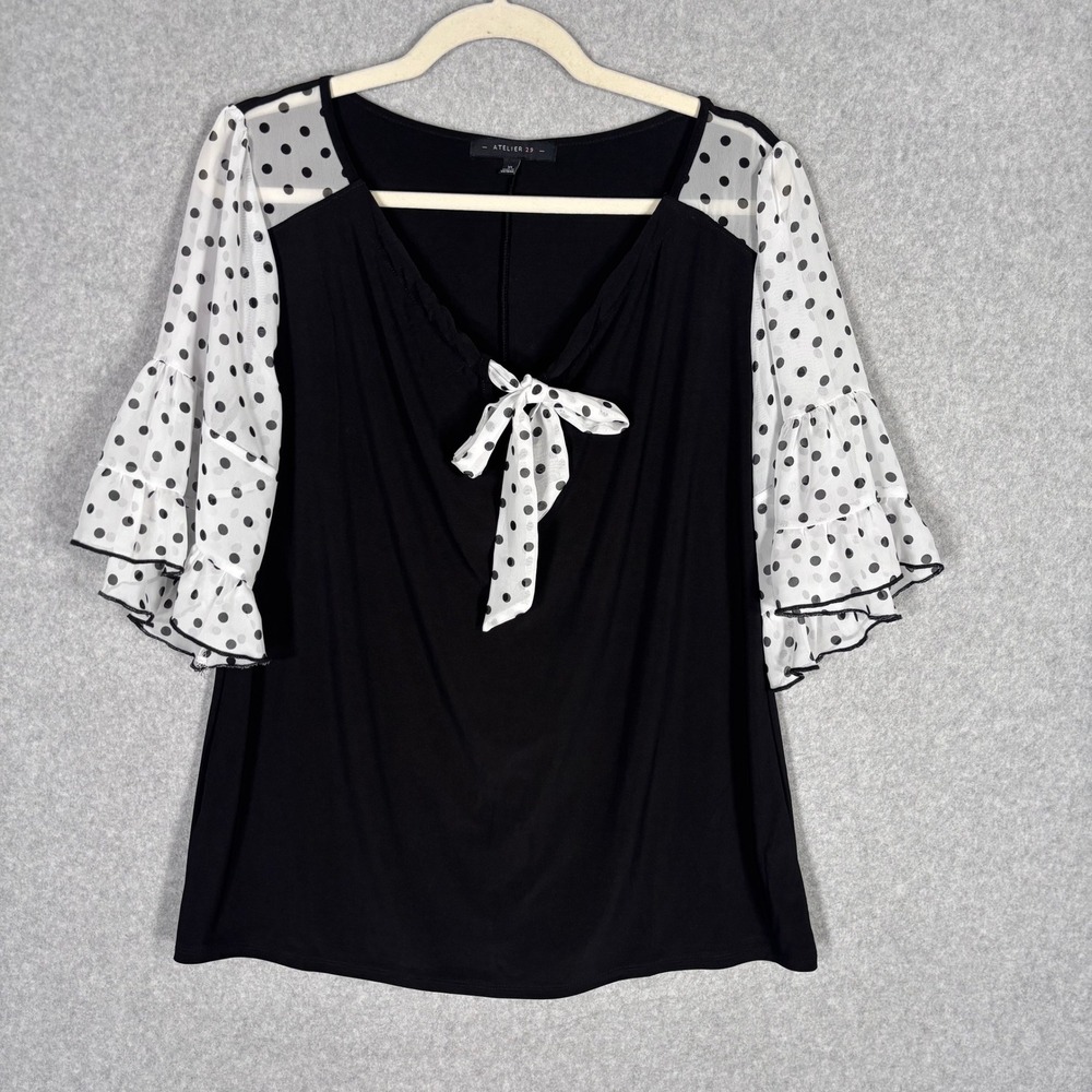 Atelier 29 Blouse XL Polka Dot Sheer Ruffle Knit Coquette Feminine Romantic